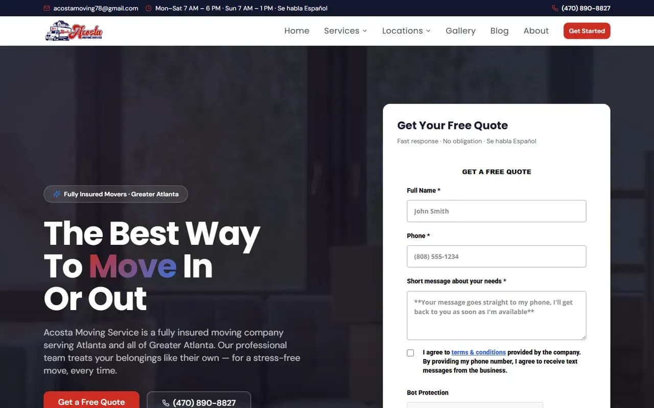 Captura del sitio web de Acosta Moving Service