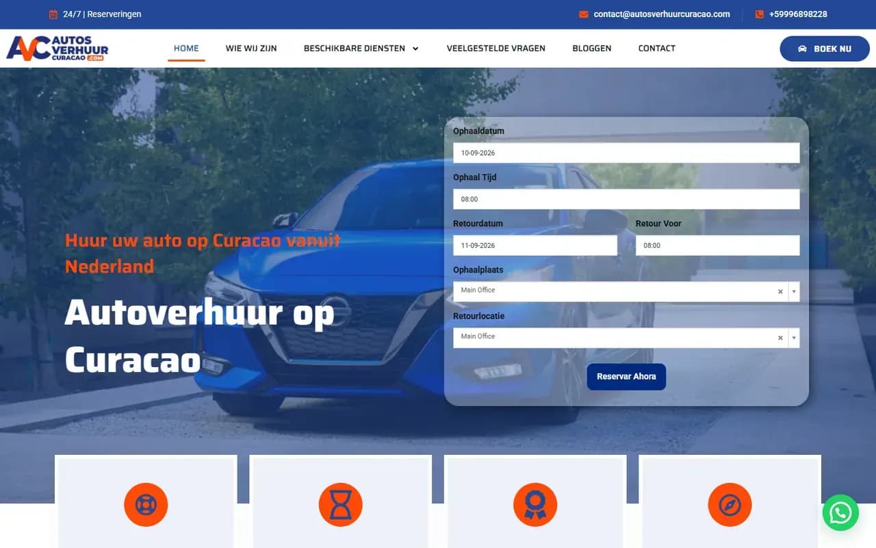 Captura del sitio web de Autos Verhuur Curacao