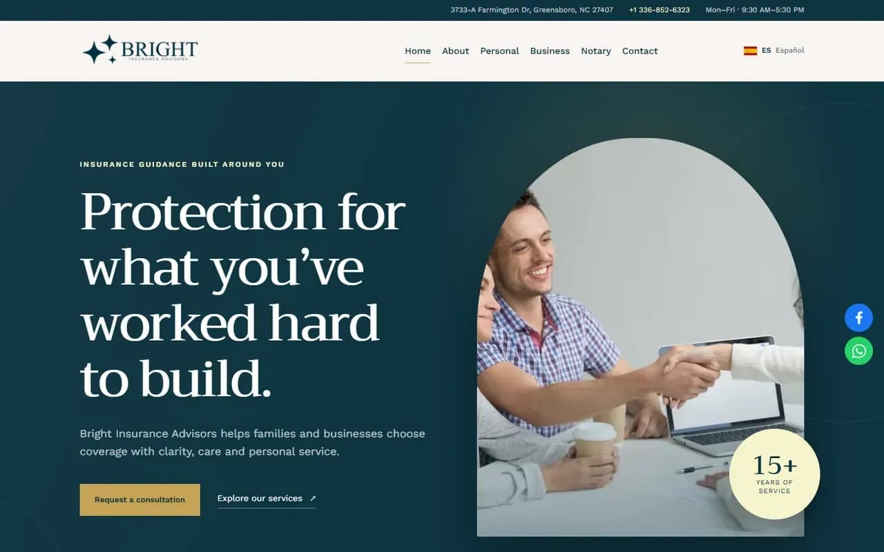 Captura del sitio web de Bright Insurance Advisors