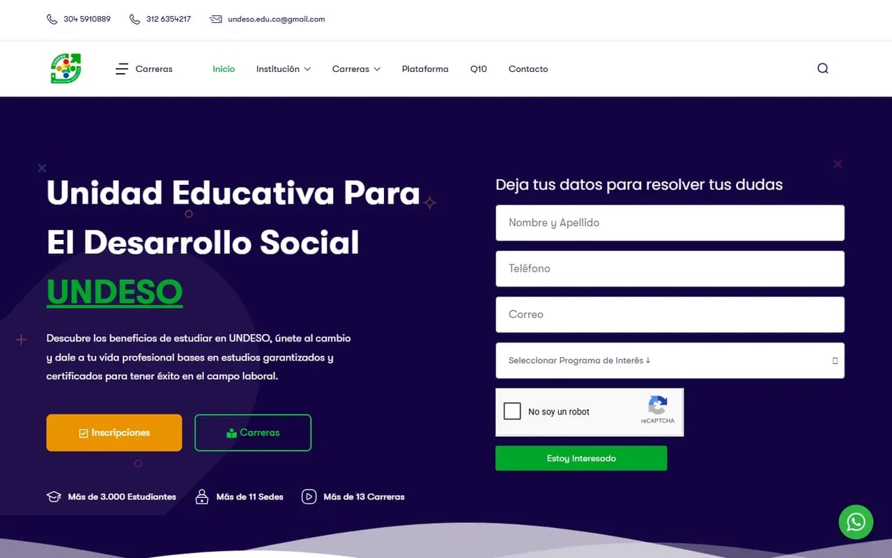 Captura del sitio web de UNDESO – Unidad Educativa para el Desarrollo Social
